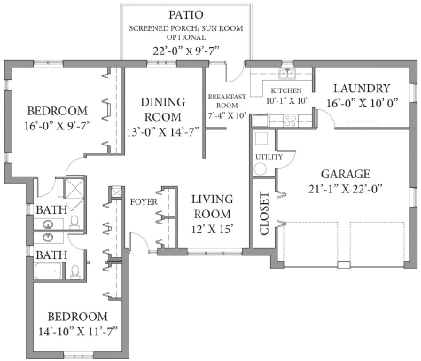 2 Bedroom / 2 Bathroom Floor Plan 1,835 sq ft This floor plan features 2 bedrooms and 2 baths with a formal dining room plus an eat-in kitchen adjacent to a large laundry room.